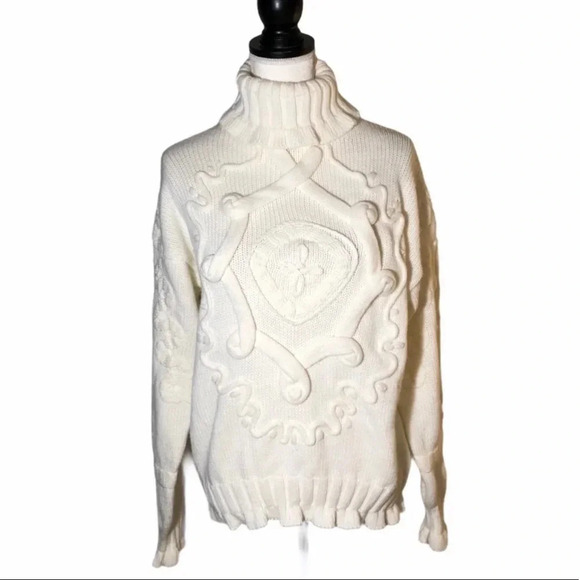 Vintage 80s Evian White Cable Knit Sweater Embossed Monogram Design Turtleneck - Picture 7 of 7